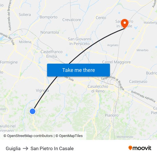Guiglia to San Pietro In Casale map