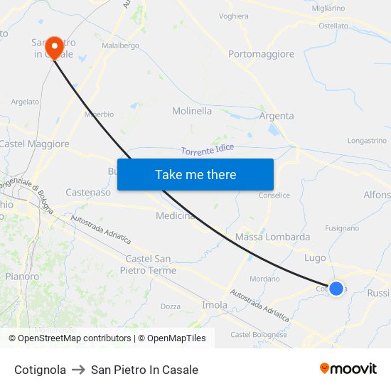 Cotignola to San Pietro In Casale map