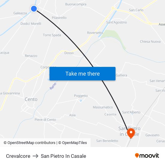 Crevalcore to San Pietro In Casale map