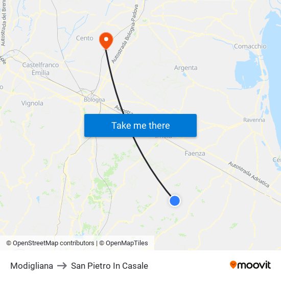 Modigliana to San Pietro In Casale map