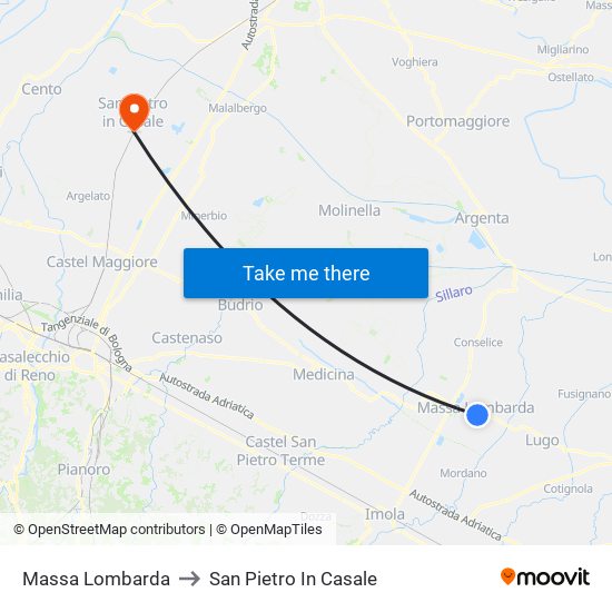 Massa Lombarda to San Pietro In Casale map