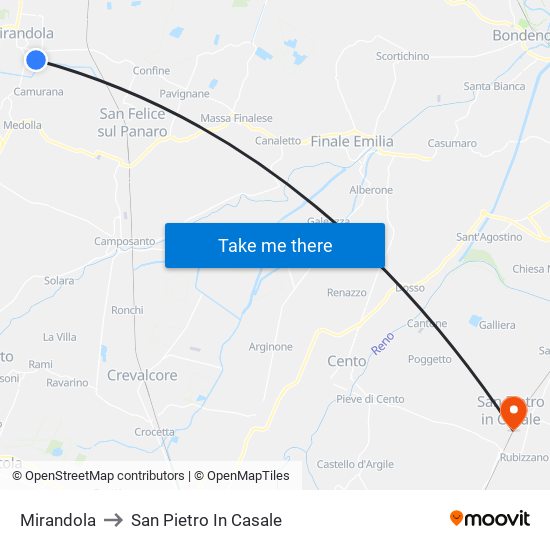 Mirandola to San Pietro In Casale map