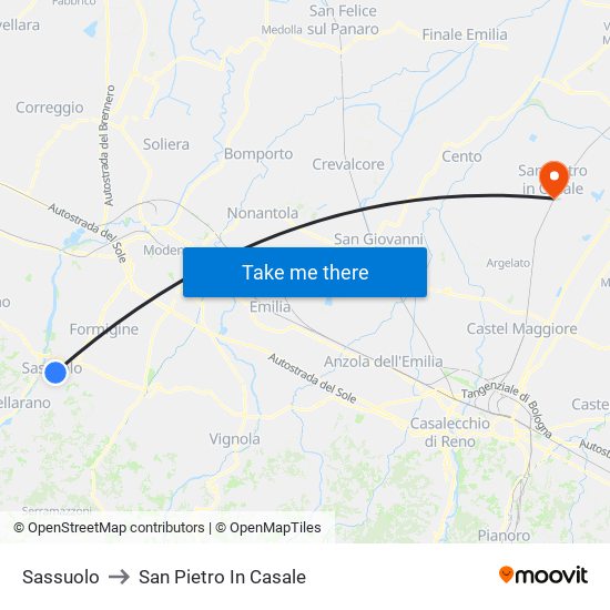 Sassuolo to San Pietro In Casale map
