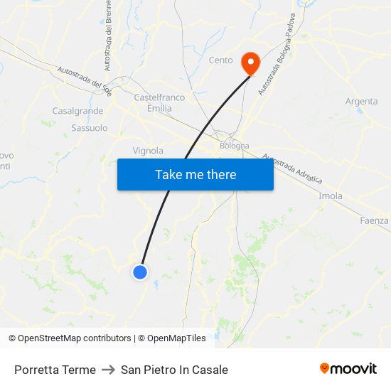 Porretta Terme to San Pietro In Casale map
