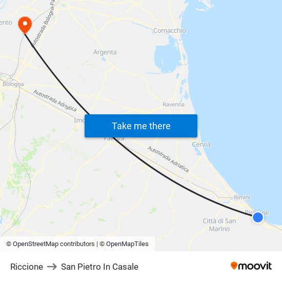 Riccione to San Pietro In Casale map