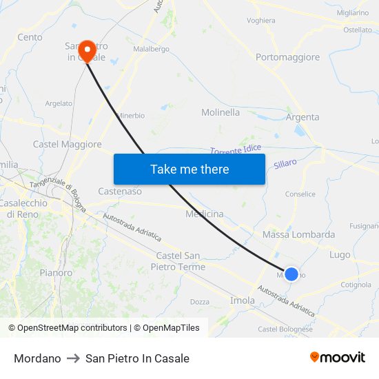 Mordano to San Pietro In Casale map
