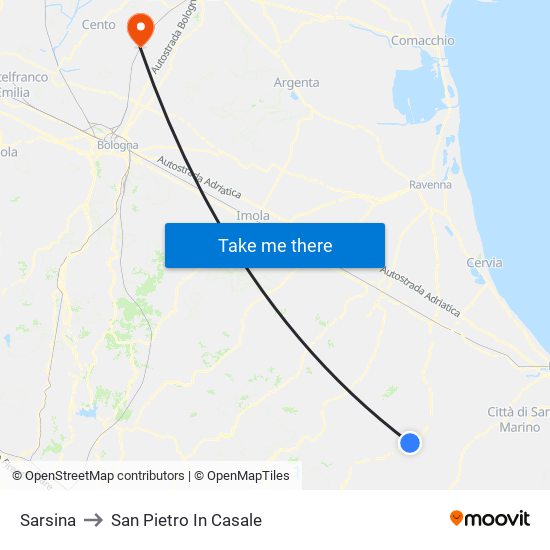 Sarsina to San Pietro In Casale map