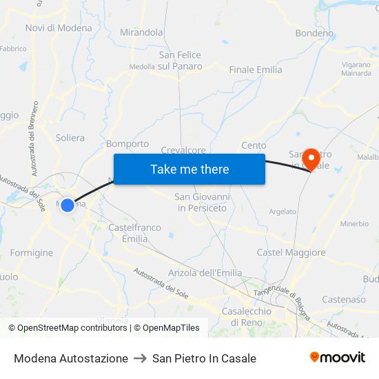 Modena  Autostazione to San Pietro In Casale map