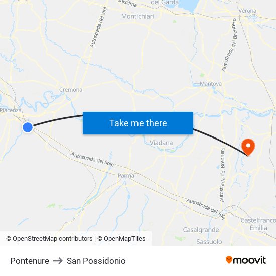 Pontenure to San Possidonio map