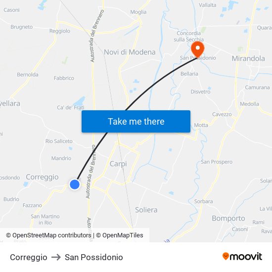 Correggio to San Possidonio map