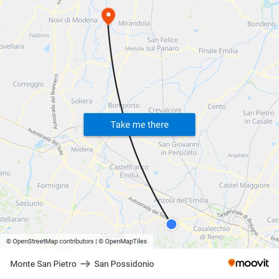 Monte San Pietro to San Possidonio map