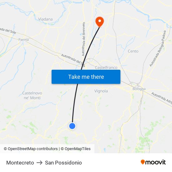 Montecreto to San Possidonio map