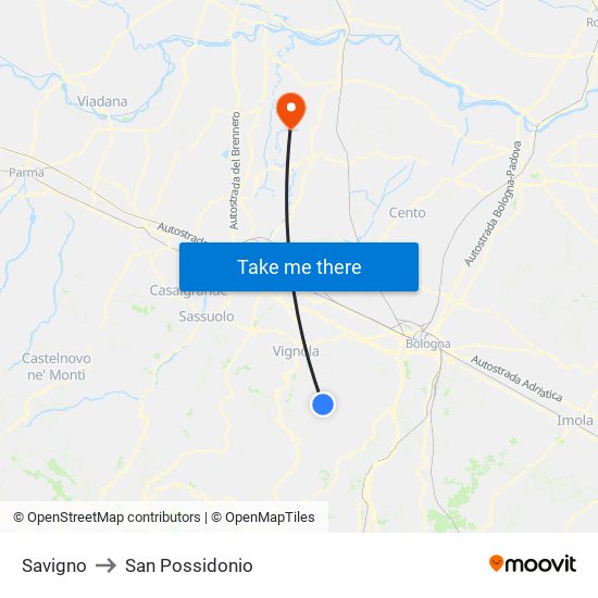 Savigno to San Possidonio map