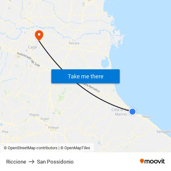 Riccione to San Possidonio map