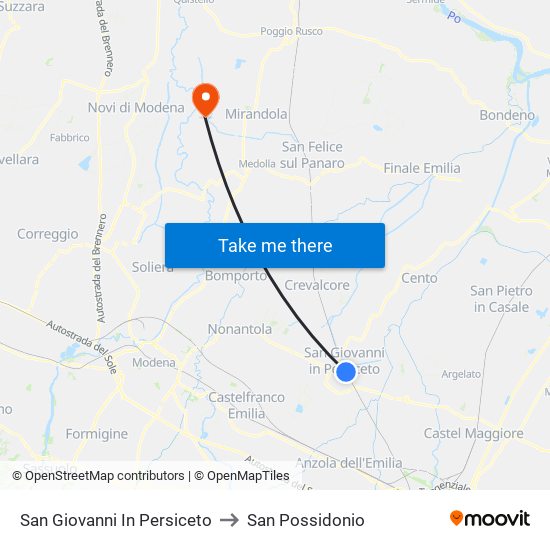 San Giovanni In Persiceto to San Possidonio map