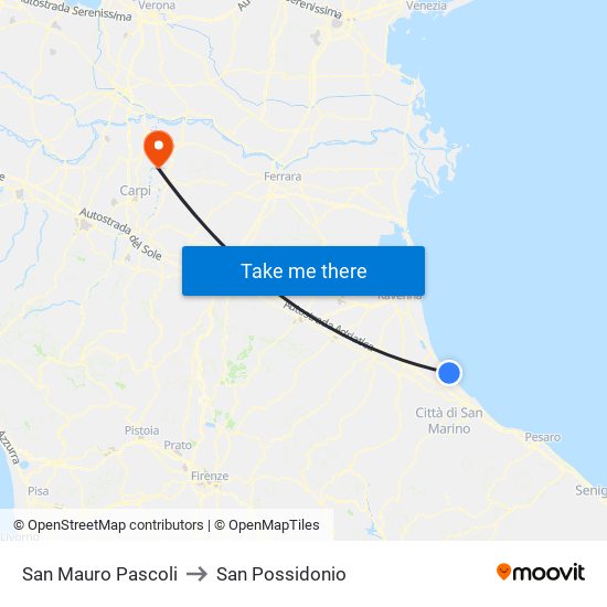 San Mauro Pascoli to San Possidonio map
