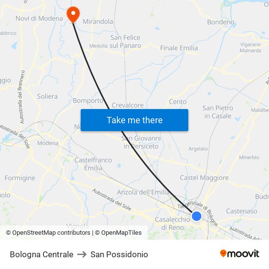 Bologna Centrale to San Possidonio map