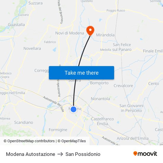Modena  Autostazione to San Possidonio map