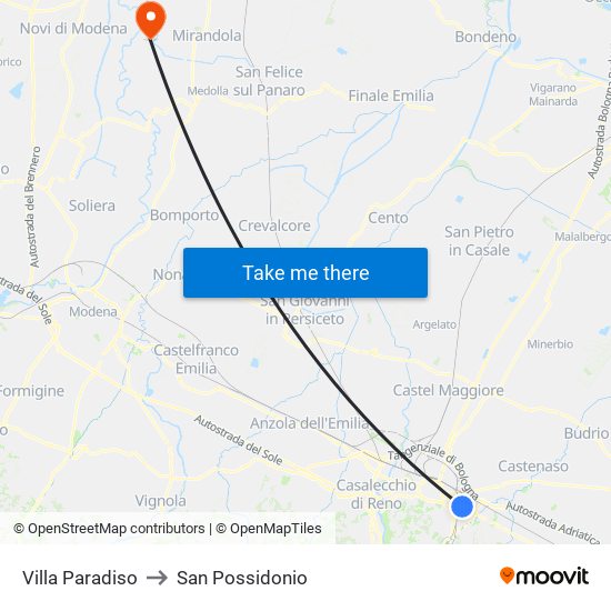 Villa Paradiso to San Possidonio map