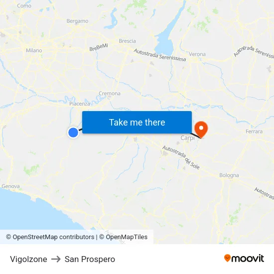 Vigolzone to San Prospero map