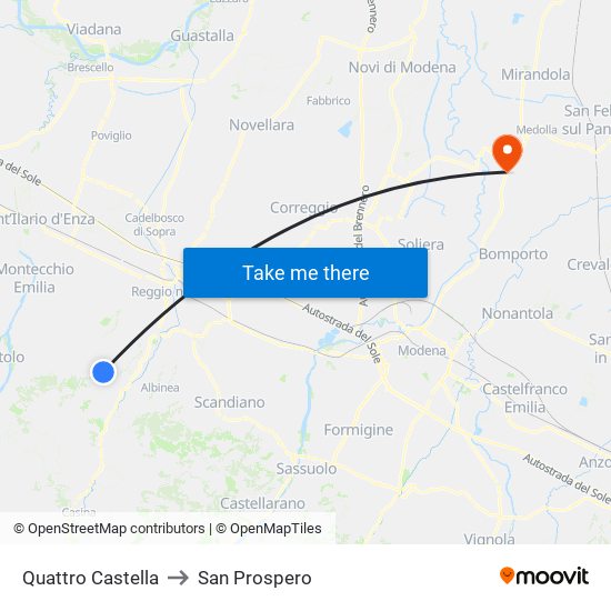 Quattro Castella to San Prospero map