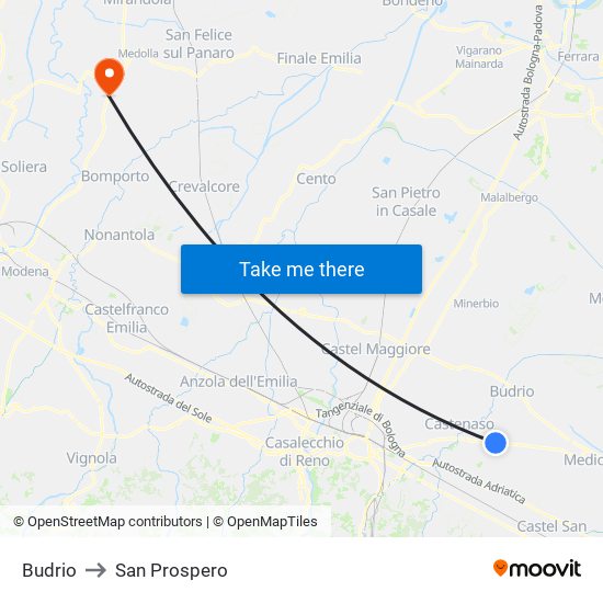 Budrio to San Prospero map