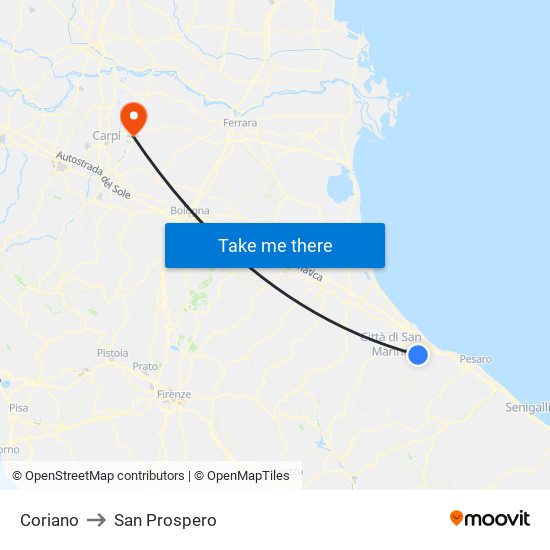 Coriano to San Prospero map