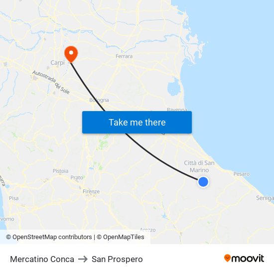 Mercatino Conca to San Prospero map