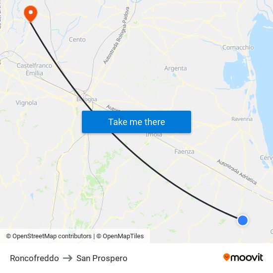 Roncofreddo to San Prospero map