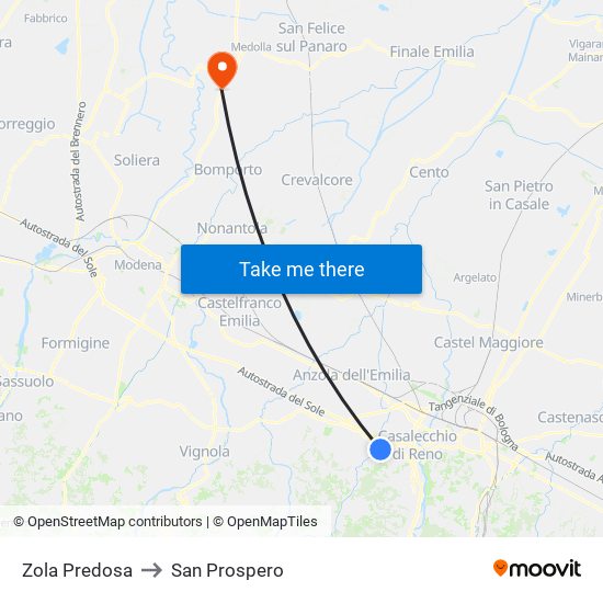 Zola Predosa to San Prospero map