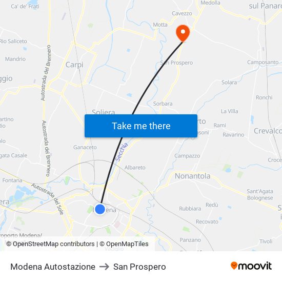 Modena  Autostazione to San Prospero map