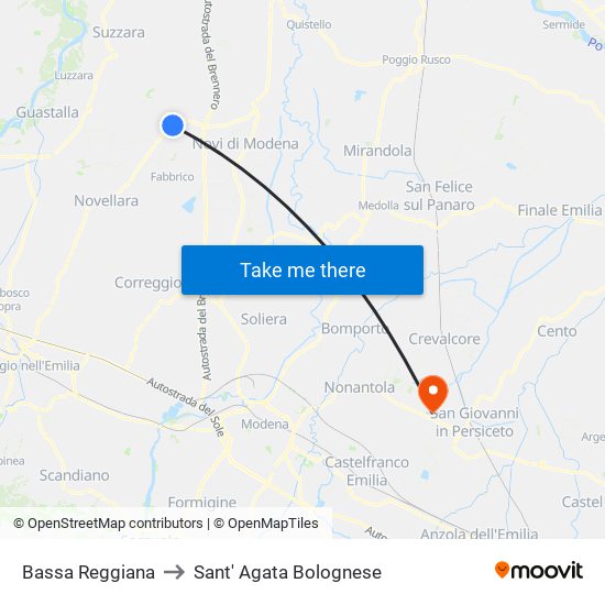 Bassa Reggiana to Sant' Agata Bolognese map