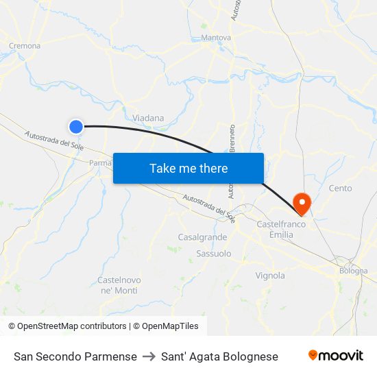 San Secondo Parmense to Sant' Agata Bolognese map