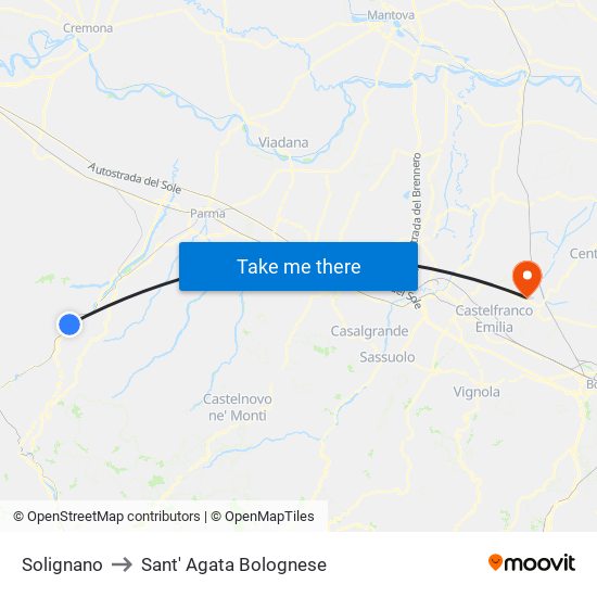 Solignano to Sant' Agata Bolognese map