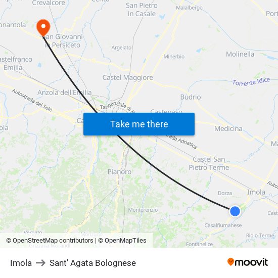 Imola to Sant' Agata Bolognese map