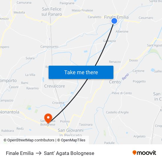 Finale Emilia to Sant' Agata Bolognese map
