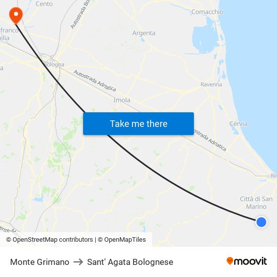 Monte Grimano to Sant' Agata Bolognese map
