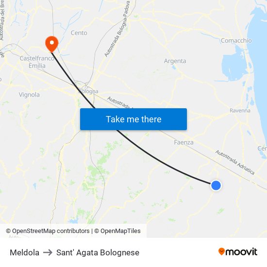 Meldola to Sant' Agata Bolognese map