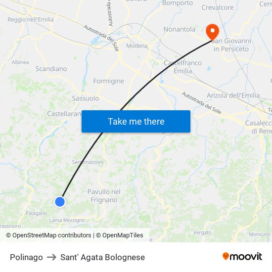 Polinago to Sant' Agata Bolognese map
