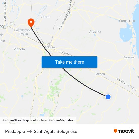 Predappio to Sant' Agata Bolognese map