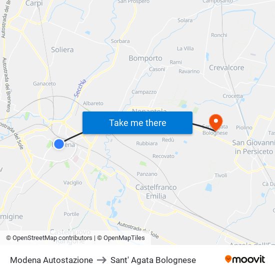 Modena  Autostazione to Sant' Agata Bolognese map