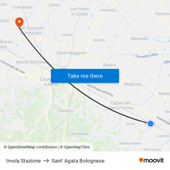 Imola Stazione to Sant' Agata Bolognese map