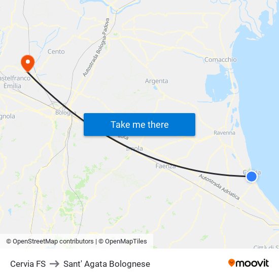 Cervia FS to Sant' Agata Bolognese map