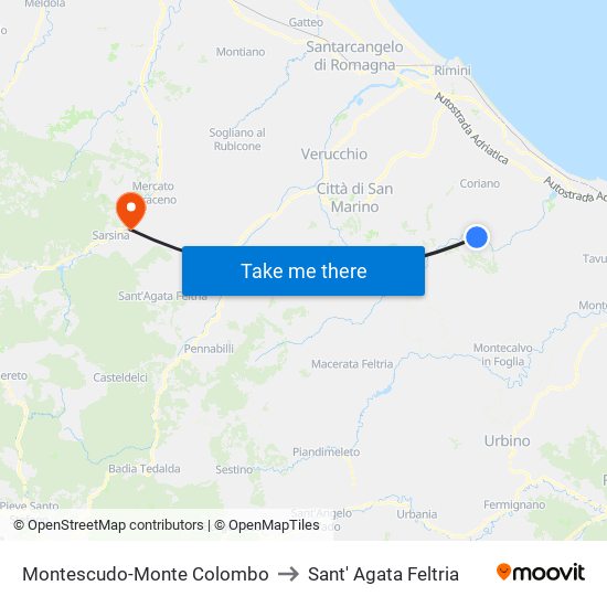 Montescudo-Monte Colombo to Sant' Agata Feltria map