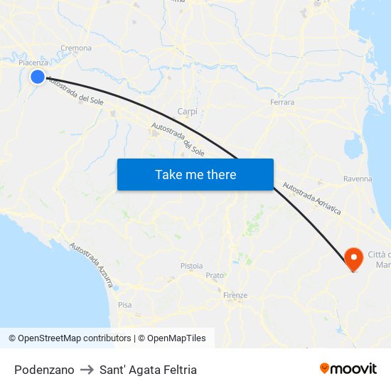 Podenzano to Sant' Agata Feltria map