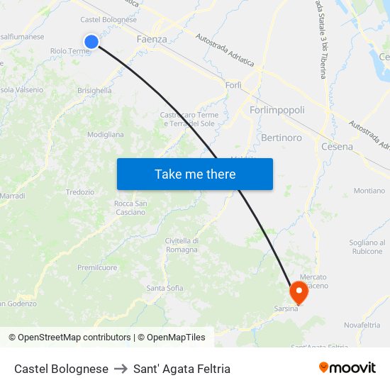 Castel Bolognese to Sant' Agata Feltria map
