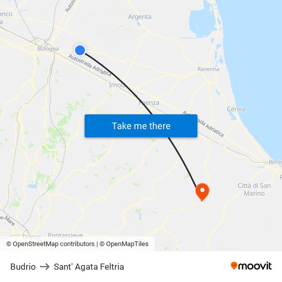 Budrio to Sant' Agata Feltria map