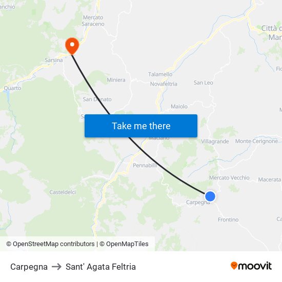 Carpegna to Sant' Agata Feltria map