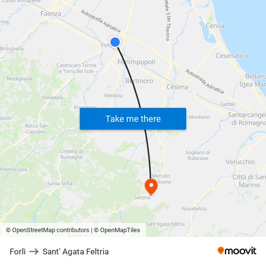 Forlì to Sant' Agata Feltria map