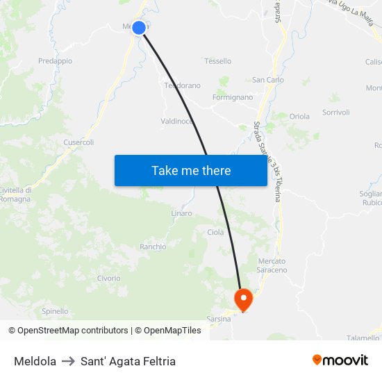 Meldola to Sant' Agata Feltria map